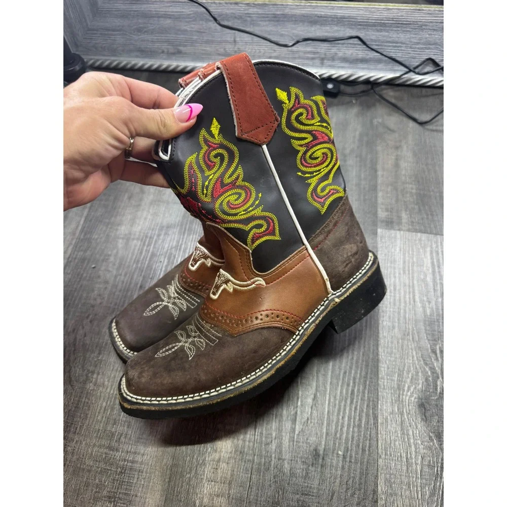 Monte Real Kids Brown Leather Square Toe Western Cowboy Boots Size 2.5